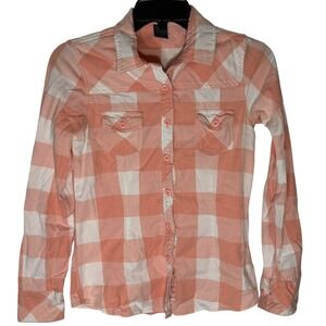 Empyre Plaid Button Down Shirt Long Sleeve Coral‎ White Checkered Casual Top